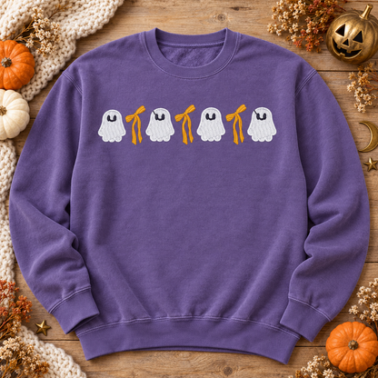 Violet ghost and bow embroidered sweatshirt flat lay with fall Halloween accents