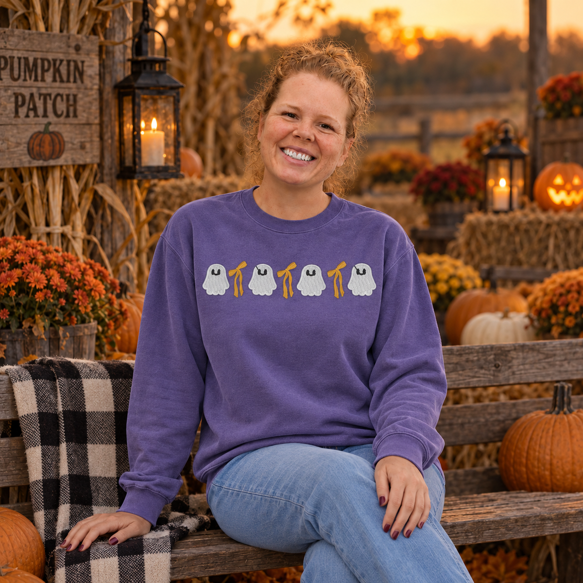 Samantha wearing a Violet ghost and bow embroidered sweatshirt at a fall pumpkin patch