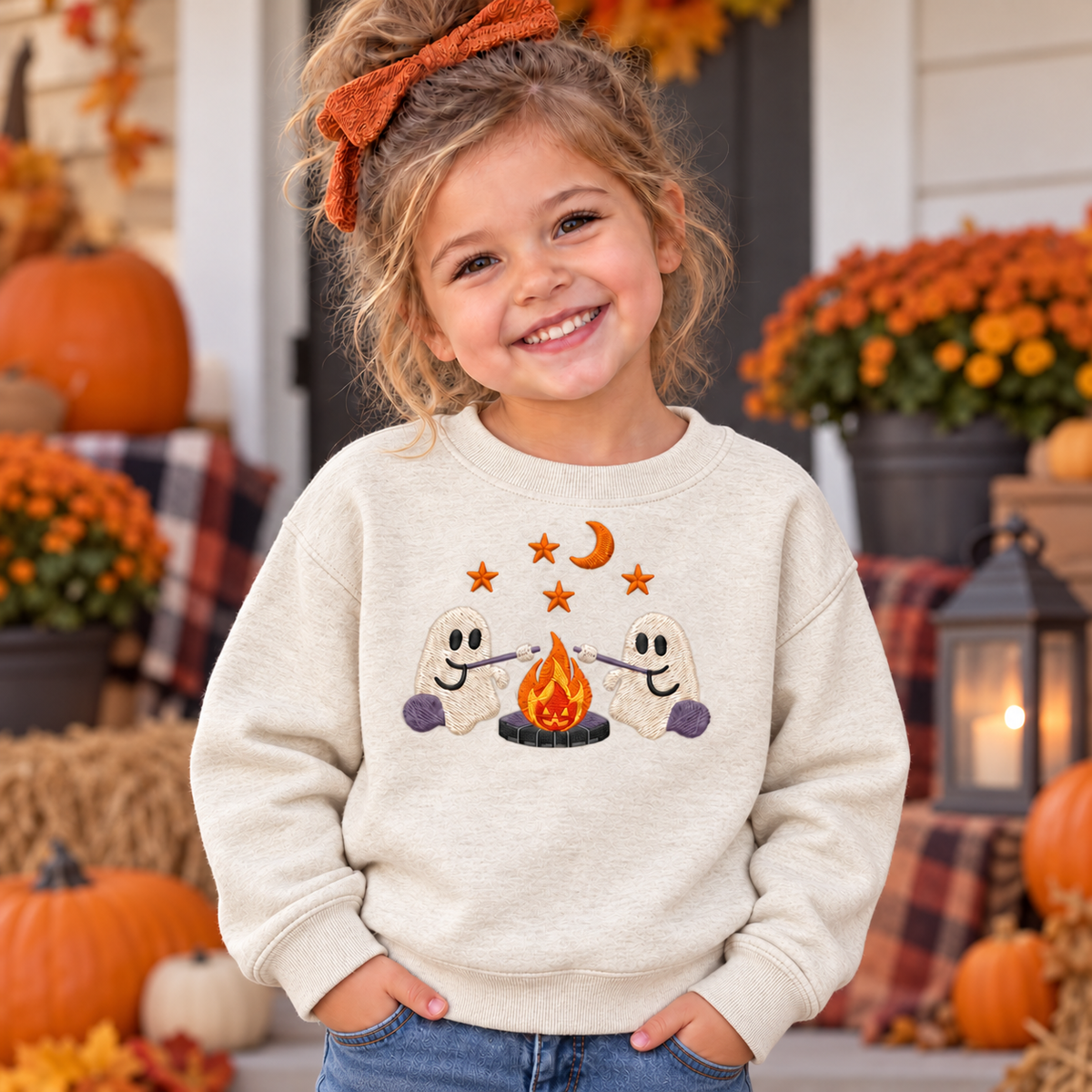 Toddler wearing a Natural embroidered ghost campfire sweatshirt with two ghosts roasting marshmallows