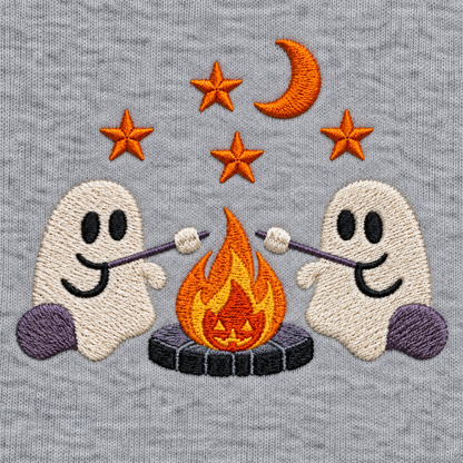 Close-up of ghost campfire embroidery on Sport Grey sweatshirt fabric