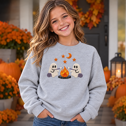 Girl wearing Sport Grey youth embroidered ghost campfire sweatshirt