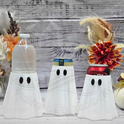 3D printed ghost holders shown with a bottle, slim can and regular can for size comparison