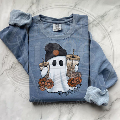 Blue Jean Comfort Colors crewneck with Ghouls Fuel ghost and iced coffee graphic