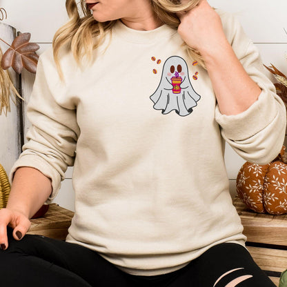 Sand Halloween embroidered crewneck with a ghost holding a colorful coffee cup