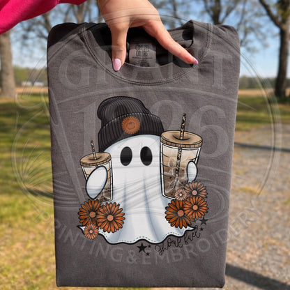 Pepper Comfort Colors shirt with Ghouls Fuel ghost coffee fall graphic