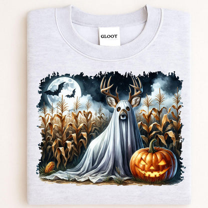 Sport gray Halloween ghost deer scene sweatshirt folded flat