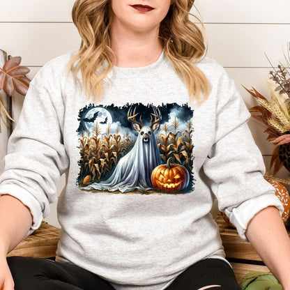 Sport gray spooky ghost deer graphic sweatshirt modeled while seated
