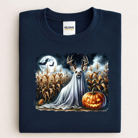 Navy sweatshirt with a ghost deer pumpkin and moon Halloween scene folded flat