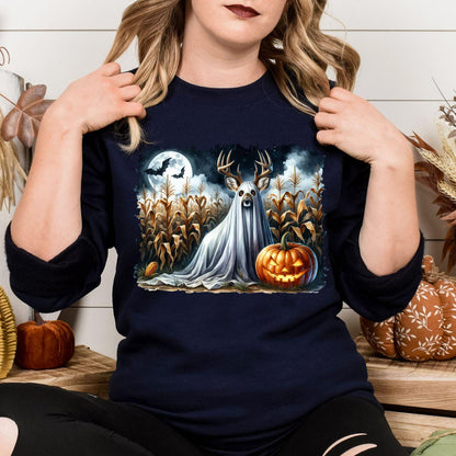 Navy sweatshirt with a spooky deer cornfield and jack-o-lantern scene modeled indoors