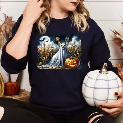 Navy ghost deer Halloween sweatshirt modeled while holding a white pumpkin