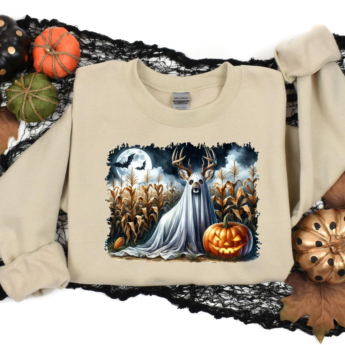 Sand ghost deer Halloween sweatshirt styled with fall pumpkins and black lace