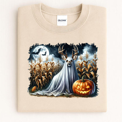 Sand sweatshirt with a ghost deer cornfield scene folded for a front view