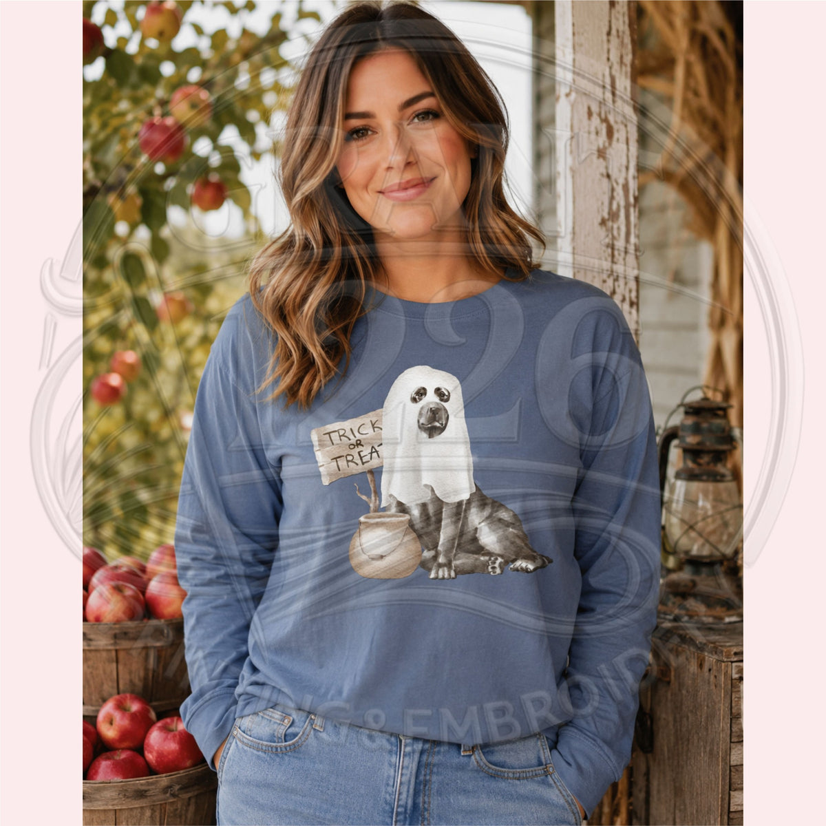 ghost dog Trick or Treat Comfort Colors Blue Jean long-sleeve shirt modeled