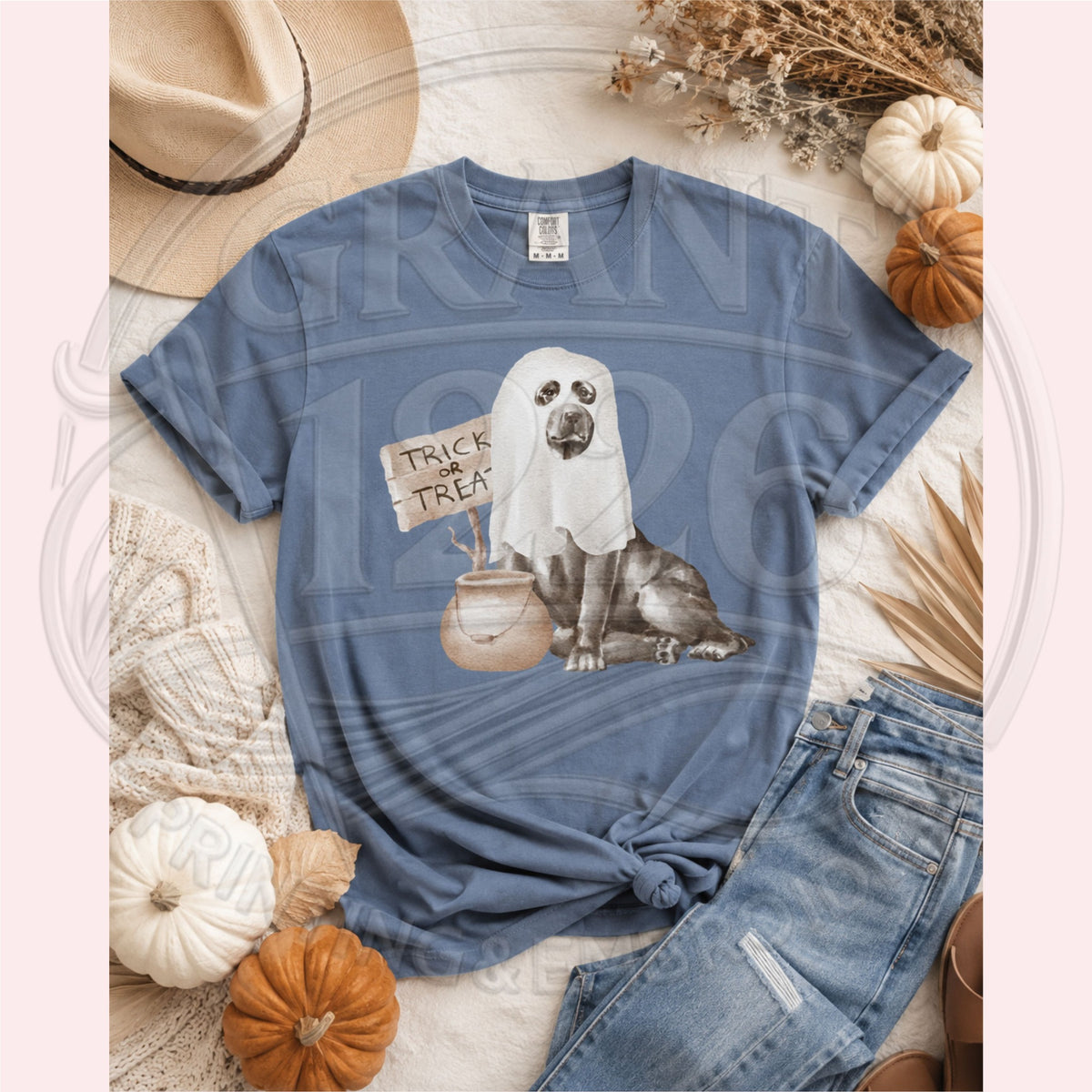 ghost dog Trick or Treat Comfort Colors Blue Jean short-sleeve shirt flat lay