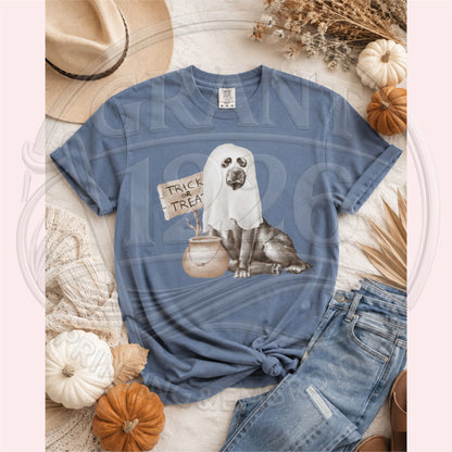 ghost dog Trick or Treat Comfort Colors Blue Jean short-sleeve shirt flat lay