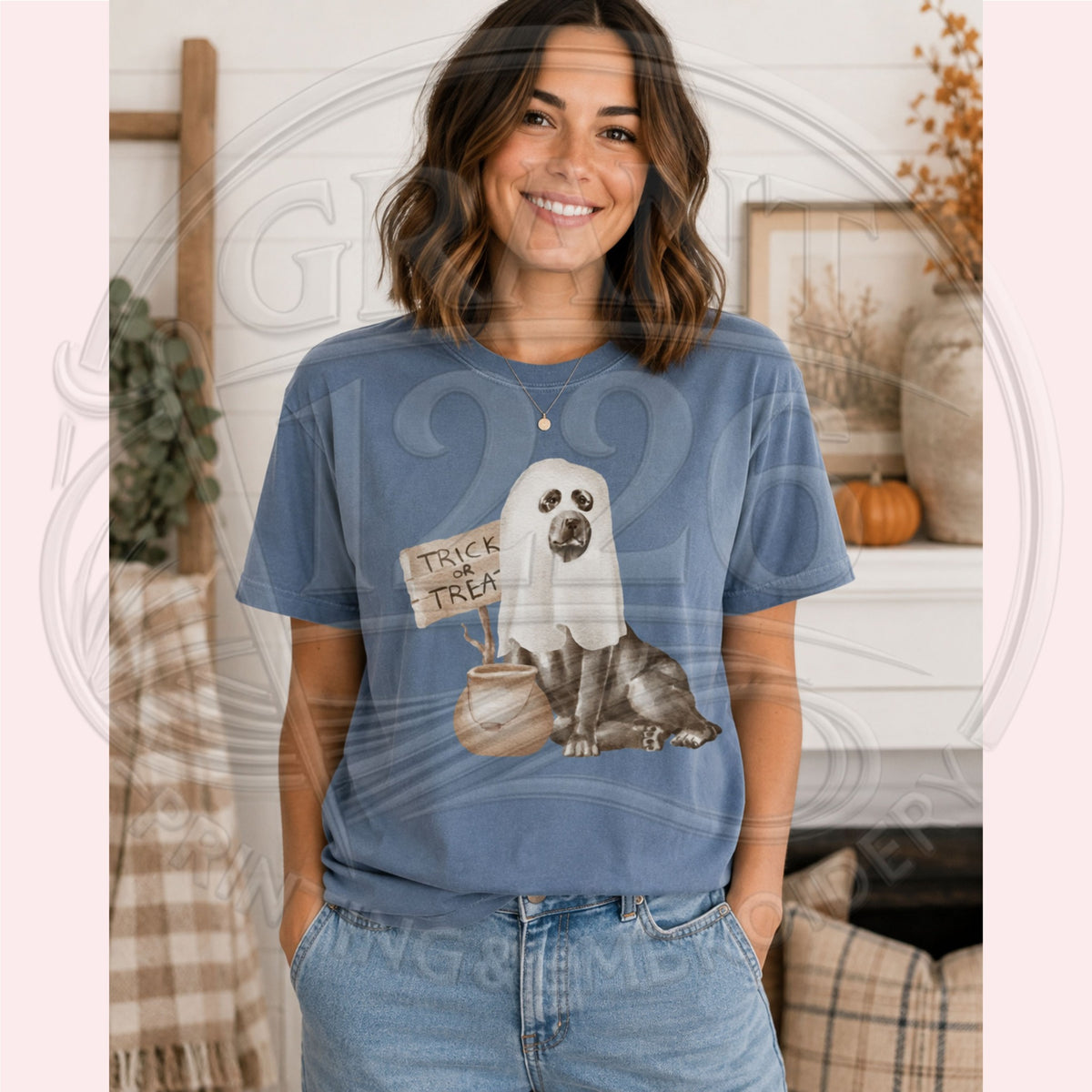 ghost dog Trick or Treat Comfort Colors Blue Jean short-sleeve shirt modeled