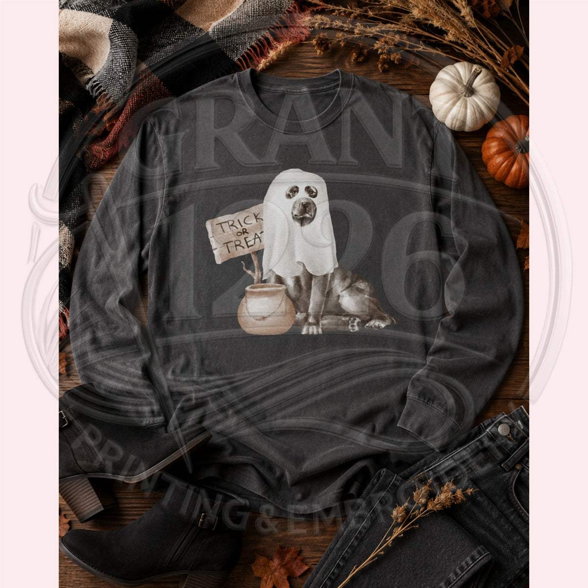 ghost dog Trick or Treat Comfort Colors Pepper long-sleeve shirt flat lay