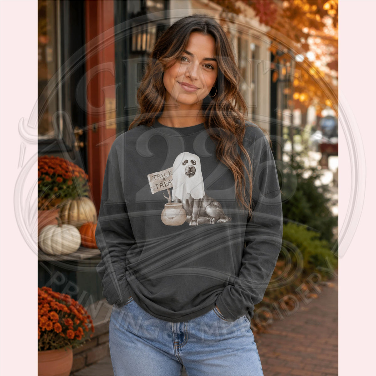 ghost dog Trick or Treat Comfort Colors Pepper long-sleeve shirt modeled