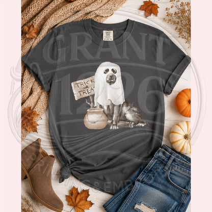 ghost dog Trick or Treat Comfort Colors Pepper short-sleeve shirt flat lay