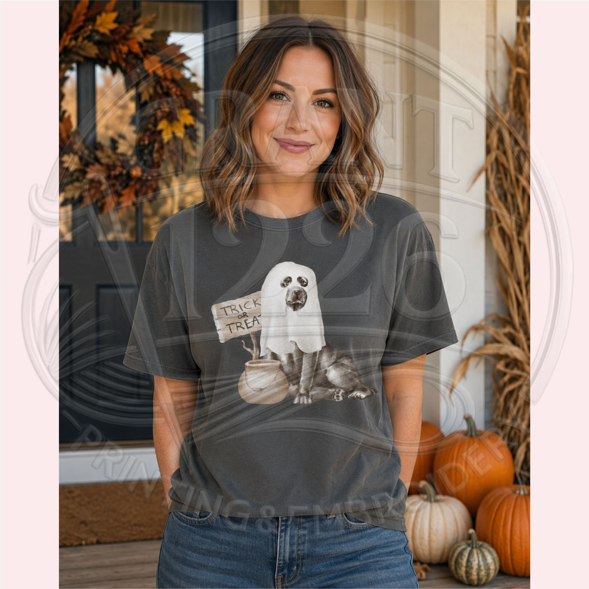 ghost dog Trick or Treat Comfort Colors Pepper short-sleeve shirt modeled