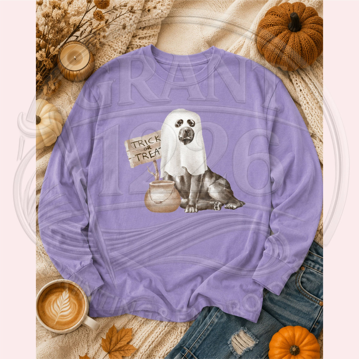 ghost dog Trick or Treat Comfort Colors Violet long-sleeve shirt flat lay