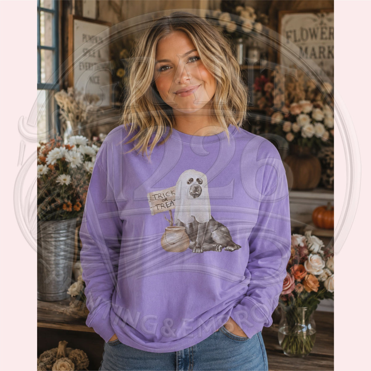 ghost dog Trick or Treat Comfort Colors Violet long-sleeve shirt modeled
