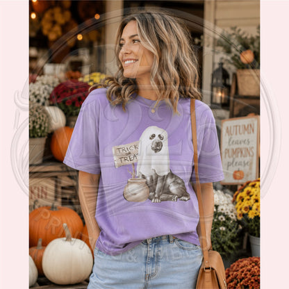 ghost dog Trick or Treat Comfort Colors Violet short-sleeve shirt modeled