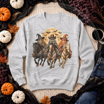 Ash Gildan crewneck sweatshirt with ghost riders, horses and moon Halloween design