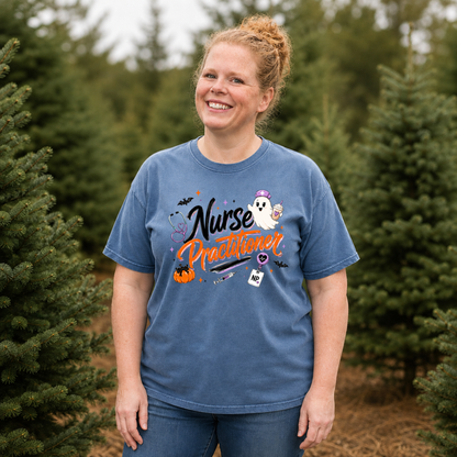 Ghost Nurse Practitioner Halloween shirt on Blue Jean Comfort Colors tee
