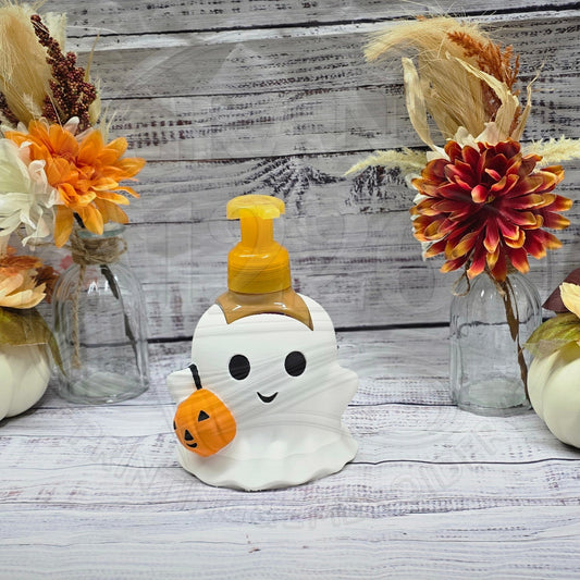 Ghost foaming soap holder with pumpkin bucket for Halloween bathroom decor