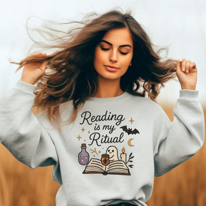 Ash embroidered reading sweatshirt with ghost, open book, candle and potion details