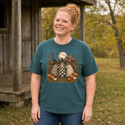 Woman wearing a Blue Spruce Comfort Colors 1717 ghost trio Halloween shirt with vintage farmhouse and pumpkins