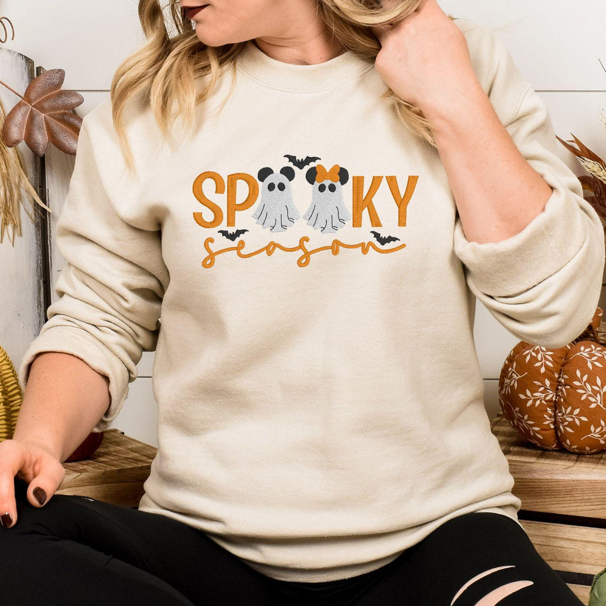 Sand Halloween embroidered crewneck with two ghosts, orange bows and Spooky Season lettering