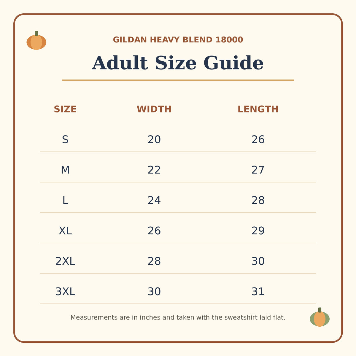 Gildan 18000 adult sweatshirt size chart S through 3XL