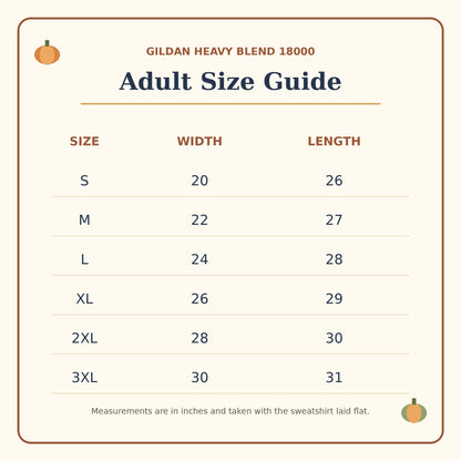 Gildan 18000 adult sweatshirt size chart S through 3XL