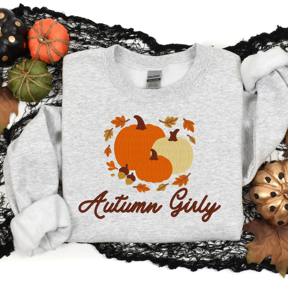 Ash Gildan 18000 Autumn Girly embroidered pumpkin sweatshirt flat lay