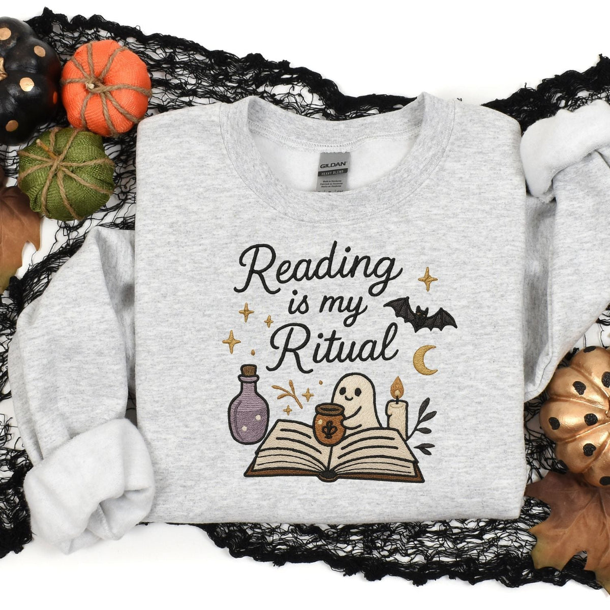 Ash Gildan 18000 embroidered ghost reading sweatshirt seasonal flat lay