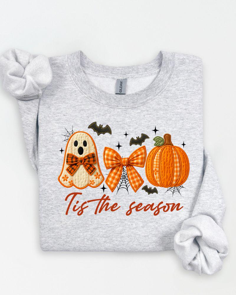 Ash Gildan Heavy Blend ghost and pumpkin Halloween sweatshirt with orange gingham bow design