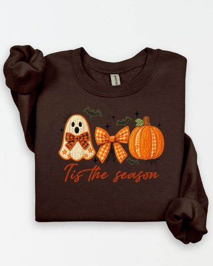 Dark Chocolate Gildan Heavy Blend sweatshirt with ghost, gingham bow and pumpkin Halloween design