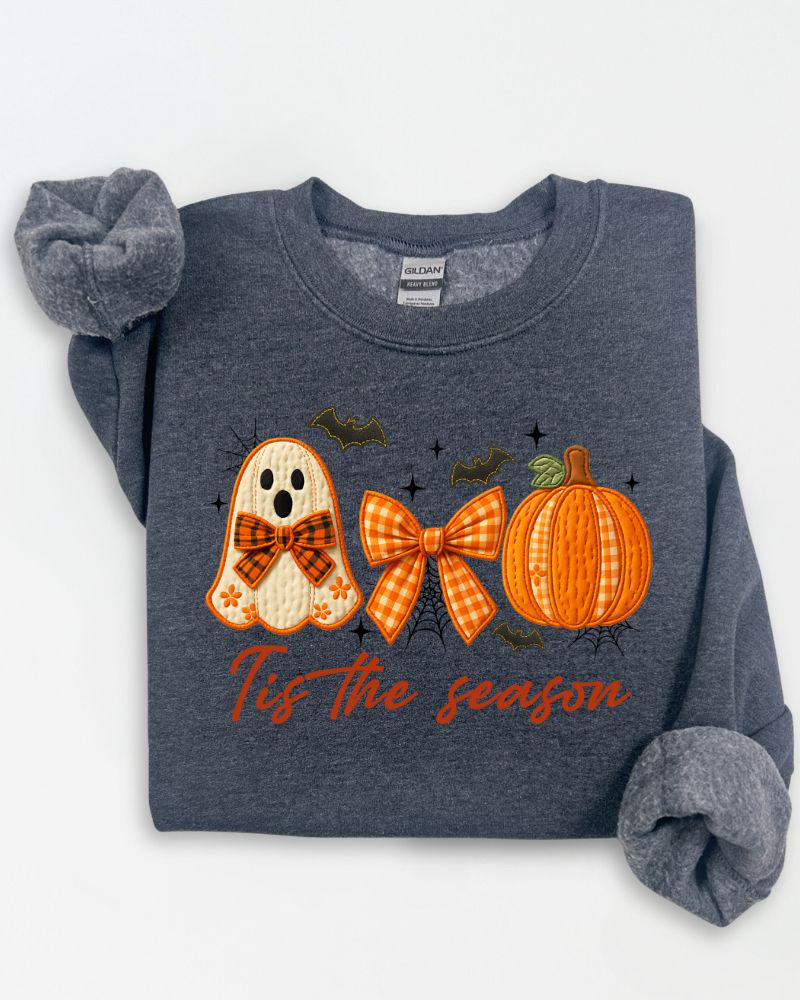 Dark Heather Gildan Heavy Blend ghost pumpkin Halloween sweatshirt with Tis the Season design