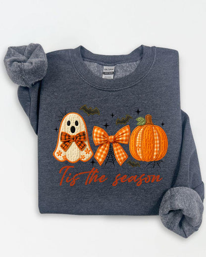 Dark Heather Gildan Heavy Blend ghost pumpkin Halloween sweatshirt with Tis the Season design