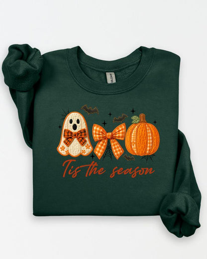 Forest Green Gildan Heavy Blend Halloween sweatshirt with ghost, gingham bow and pumpkin design