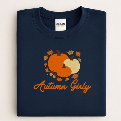 Navy Gildan 18000 Autumn Girly embroidered pumpkin sweatshirt flat lay
