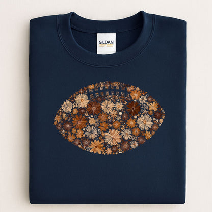 Navy Gildan 18000 sweatshirt with a fall floral football DTG design