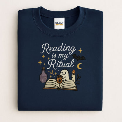 Navy Gildan 18000 Reading Is My Ritual embroidered sweatshirt flat lay