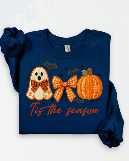Navy Gildan Heavy Blend Tis the Season Halloween sweatshirt with ghost, bow and pumpkin graphic