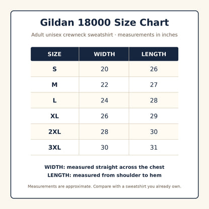 Gildan 18000 sweatshirt size chart for adult S through 3XL