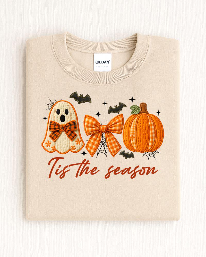 Sand Gildan Heavy Blend Halloween sweatshirt with Tis the Season ghost, gingham bow and pumpkin design