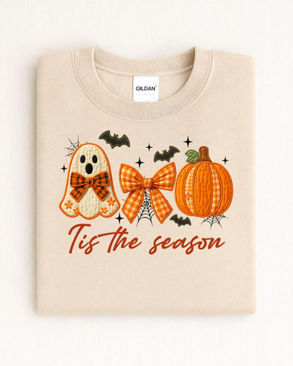 Sand Gildan Heavy Blend Halloween sweatshirt with Tis the Season ghost, gingham bow and pumpkin design