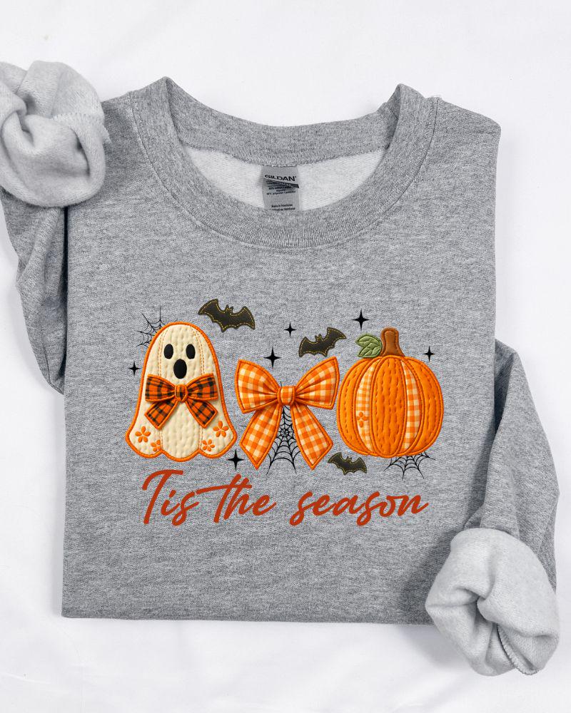 Sport Grey Gildan Heavy Blend Tis the Season Halloween sweatshirt with ghost, bow and pumpkin graphic